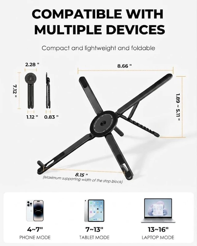 Alt view image 7 of 7 - 3-in-1 Laptop Stand with Magnetic Phone Holder, 8-Level Adjustable Ergonomic Aluminum Riser, Portable Computer Stand for Desk, Compatible with 10-17" MacBook & Laptops, iPhone 12-16 with MagSafe
