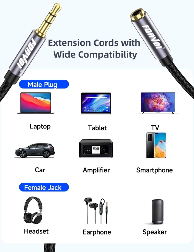 Alt view image 3 of 7 - 20FT 3.5mm Aux Jack Audio Extension Cable,Male to Female,TRS Headphone Extension Cable Compatible with Heaphone, MP3 Players iPhone iPad Tablets Media Player