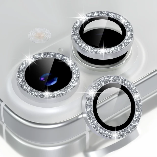 Main image of for iPhone 17 Camera Lens Protector Bling, Glitter-Silver | Ultra HD, 9H Tempered Glass Camera Cover Screen Protector Metal Individual Ring Decoration Accessories, 2-Lens, 6.3-inch
