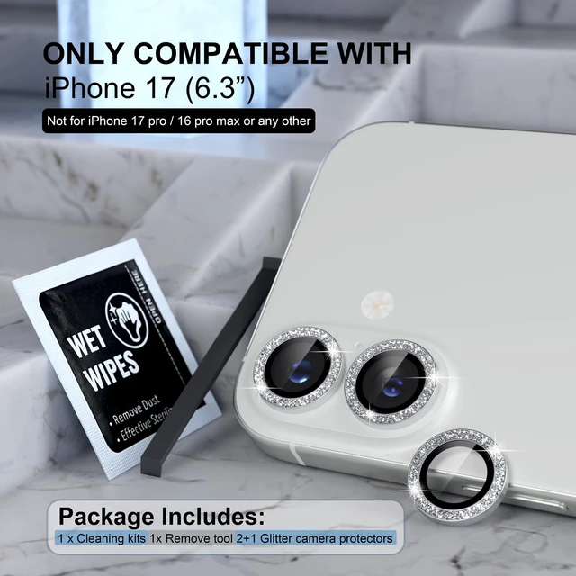 Alt view image 2 of 7 - for iPhone 17 Camera Lens Protector Bling, Glitter-Silver | Ultra HD, 9H Tempered Glass Camera Cover Screen Protector Metal Individual Ring Decoration Accessories, 2-Lens, 6.3-inch