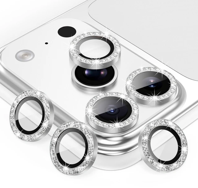 Main image of 3+3 6 Pack for iPhone 17 Pro & Max Camera Lens Protector Cover | Individual Bling Diamond & Bling Glitter Sparkle Cute Gem Metal Ring, 9H Tempered HD Glass