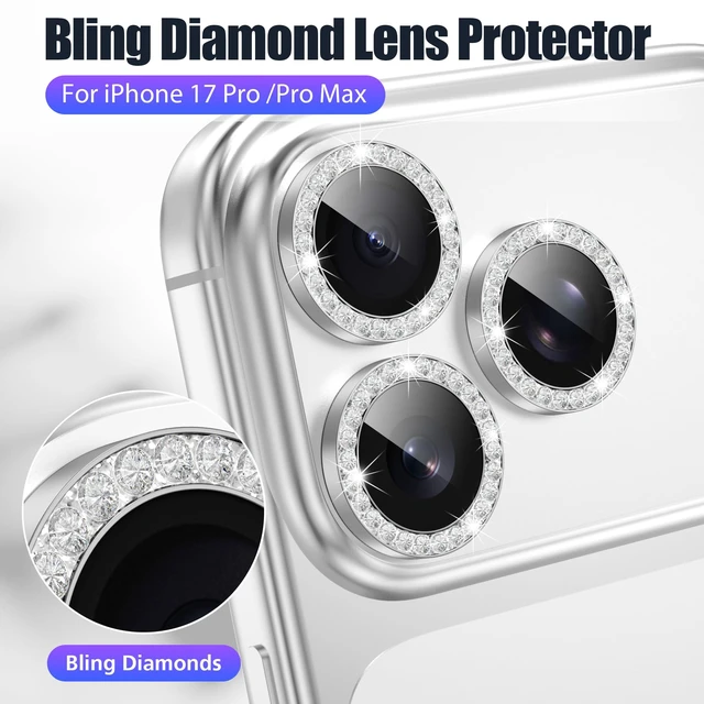 Alt view image 4 of 7 - 3+3 6 Pack for iPhone 17 Pro & Max Camera Lens Protector Cover | Individual Bling Diamond & Bling Glitter Sparkle Cute Gem Metal Ring, 9H Tempered HD Glass