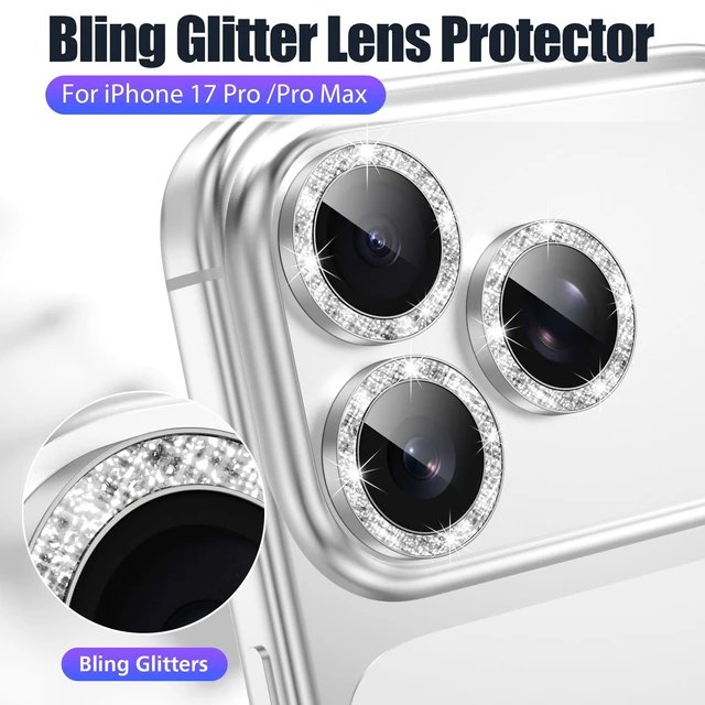 Alt view image 5 of 7 - 3+3 6 Pack for iPhone 17 Pro & Max Camera Lens Protector Cover | Individual Bling Diamond & Bling Glitter Sparkle Cute Gem Metal Ring, 9H Tempered HD Glass