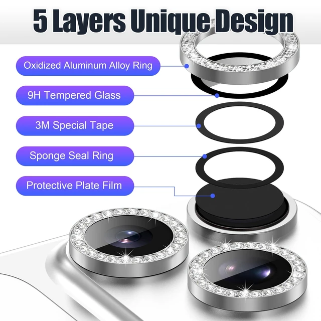 Alt view image 7 of 7 - 3+3 6 Pack for iPhone 17 Pro & Max Camera Lens Protector Cover | Individual Bling Diamond & Bling Glitter Sparkle Cute Gem Metal Ring, 9H Tempered HD Glass