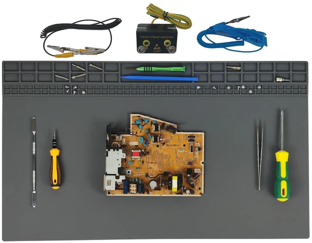 Main image of 23.7'' x 13.8'' Large Soldering Mat with Wrist Strap and Grounding Accessories, 932°F Heat Resistant Silicone Repair Mat, Extra Large Work Mat for Electronics Cellphone Laptop Repair (Grey)