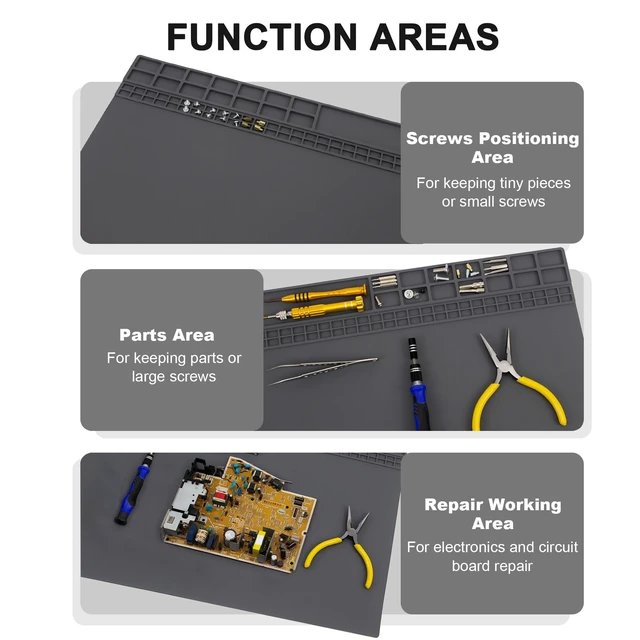 Alt view image 2 of 7 - 23.7'' x 13.8'' Large Soldering Mat with Wrist Strap and Grounding Accessories, 932°F Heat Resistant Silicone Repair Mat, Extra Large Work Mat for Electronics Cellphone Laptop Repair (Grey)