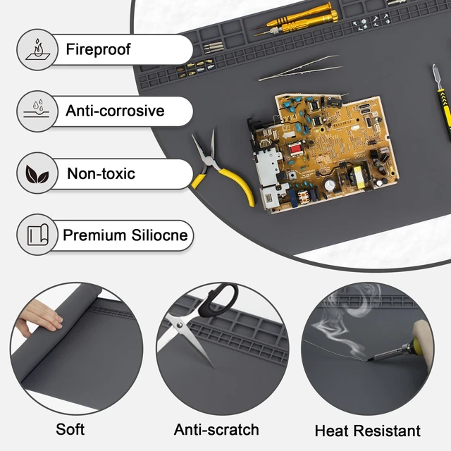 Alt view image 3 of 7 - 23.7'' x 13.8'' Large Soldering Mat with Wrist Strap and Grounding Accessories, 932°F Heat Resistant Silicone Repair Mat, Extra Large Work Mat for Electronics Cellphone Laptop Repair (Grey)