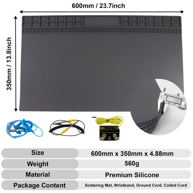 Alt view image 6 of 7 - 23.7'' x 13.8'' Large Soldering Mat with Wrist Strap and Grounding Accessories, 932°F Heat Resistant Silicone Repair Mat, Extra Large Work Mat for Electronics Cellphone Laptop Repair (Grey)