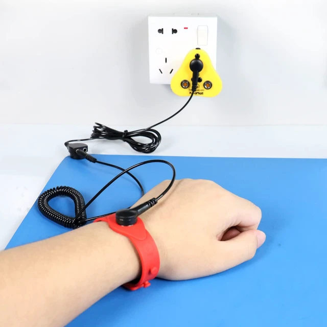 Alt view image 2 of 7 - 4 in 1, Ground Kit- Anti Static Wrist Strap, ESD Plug, Screw Stud & 10ft Grounding Cord with 2 Banana Jacks for Antistatic Bench Table Floor Mat, Ground by Outlet Socket Silicone Wristband