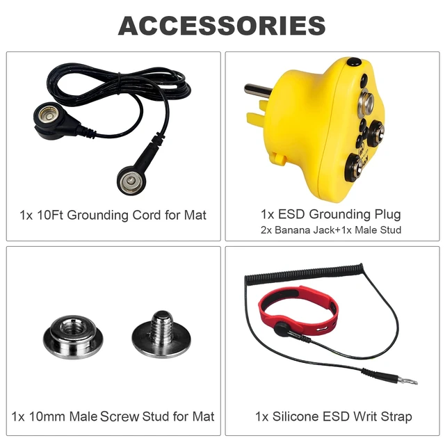 Alt view image 3 of 7 - 4 in 1, Ground Kit- Anti Static Wrist Strap, ESD Plug, Screw Stud & 10ft Grounding Cord with 2 Banana Jacks for Antistatic Bench Table Floor Mat, Ground by Outlet Socket Silicone Wristband