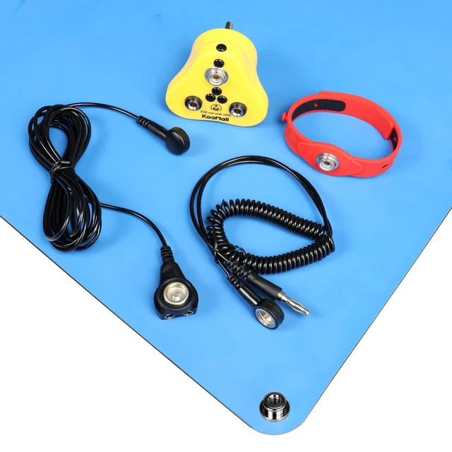 Alt view image 6 of 7 - 4 in 1, Ground Kit- Anti Static Wrist Strap, ESD Plug, Screw Stud & 10ft Grounding Cord with 2 Banana Jacks for Antistatic Bench Table Floor Mat, Ground by Outlet Socket Silicone Wristband