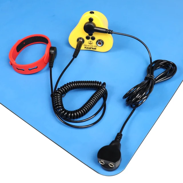Alt view image 7 of 7 - 4 in 1, Ground Kit- Anti Static Wrist Strap, ESD Plug, Screw Stud & 10ft Grounding Cord with 2 Banana Jacks for Antistatic Bench Table Floor Mat, Ground by Outlet Socket Silicone Wristband