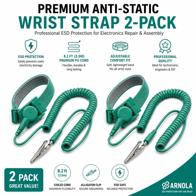 Alt view image 2 of 6 - Premium Anti Static Wrist Strap 2-Pack ESD Wrist Band with 8.2 ft (2.5m) Premium PU Coiled Grounding Cord, Adjustable Comfort Band for Electronics Repair, Computer, PCB, Laptop & Phone Work