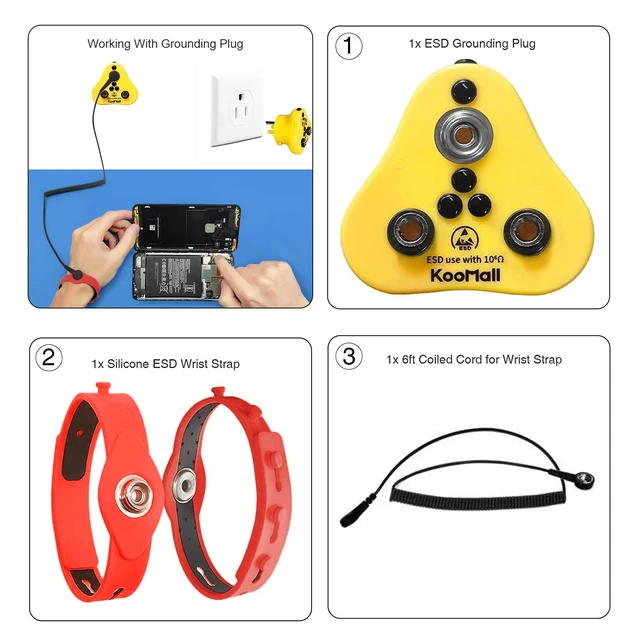 Alt view image 5 of 7 - 2 in 1, Anti-Allergic ESD Wrist Straps (Red) & Grounding Plug, Easy to Ground by Outlet Socket for Static Control, Anti Static Silicon Bracelet Wristband Earth Bonding Plug for Rubber Mat