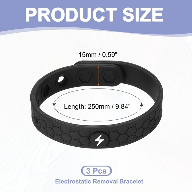 Alt view image 2 of 5 - Anti Static Bracelet 9" Adjustable Silicone Bracelet Black 3pcs | Balance Energy Sport Wristband Designed with Honeycomb/Lighting for Eliminate Static