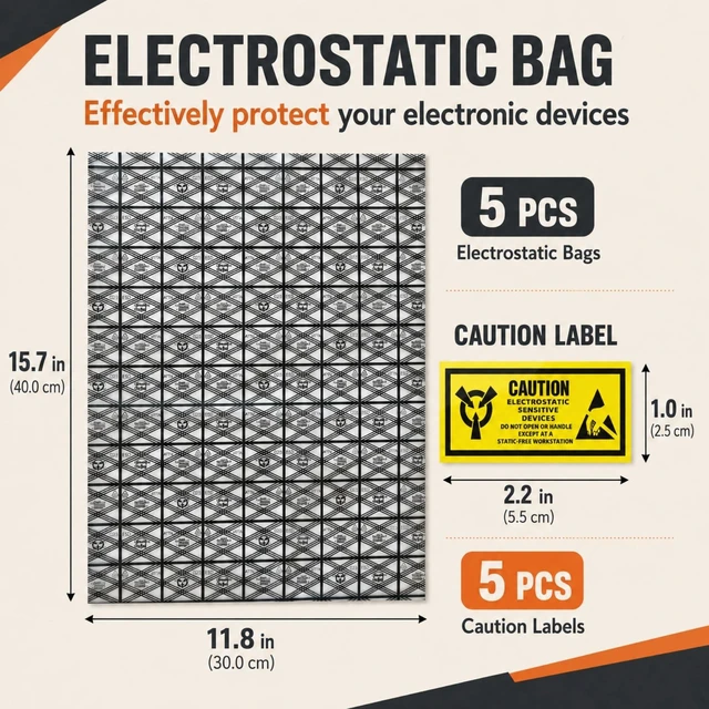 Alt view image 2 of 7 - 5 Pack Open Top Anti Static Bags 12x16" ESD Bag for GPU & Motherboard | Semi-transparent PET ESD shielding material; includes 5 anti-static warning labels; fits SSD, HDD, RAM and electronic parts