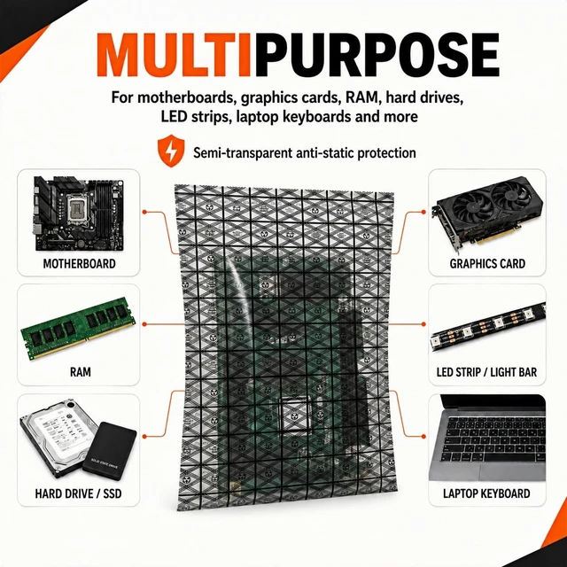 Alt view image 7 of 7 - 5 Pack Open Top Anti Static Bags 12x16" ESD Bag for GPU & Motherboard | Semi-transparent PET ESD shielding material; includes 5 anti-static warning labels; fits SSD, HDD, RAM and electronic parts