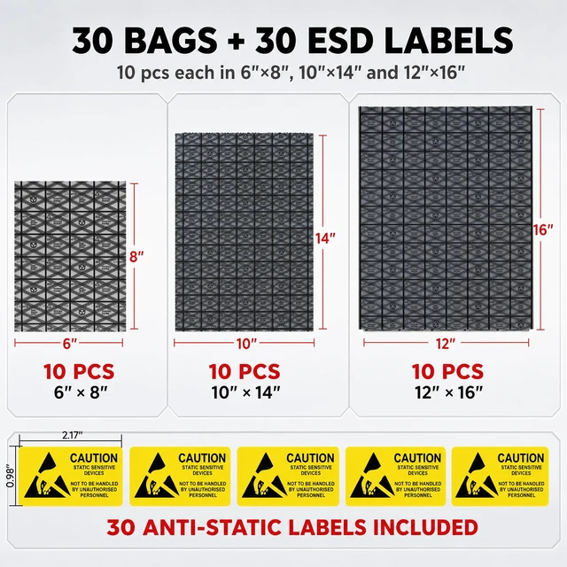 Alt view image 2 of 4 - 30pcs Open Top Antistatic Bags Assorted Size ESD Anti Static Label | 12x16,10x14,6x8" Anti Static Bags For Motherboard Video Card LCD GPU Hard Drive Electronic Device, with Anti-Static Labels