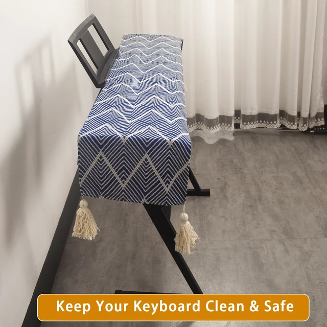 Alt view image 4 of 7 - Waterproof Keyboard Cover, Fits 61/76/88 Key Electronic Keyboards, Piano Cover with Tassels, Soft Thick Fabric, Dustproof, Universal Fit for Yamaha Casio Roland (Navy Blue And White)