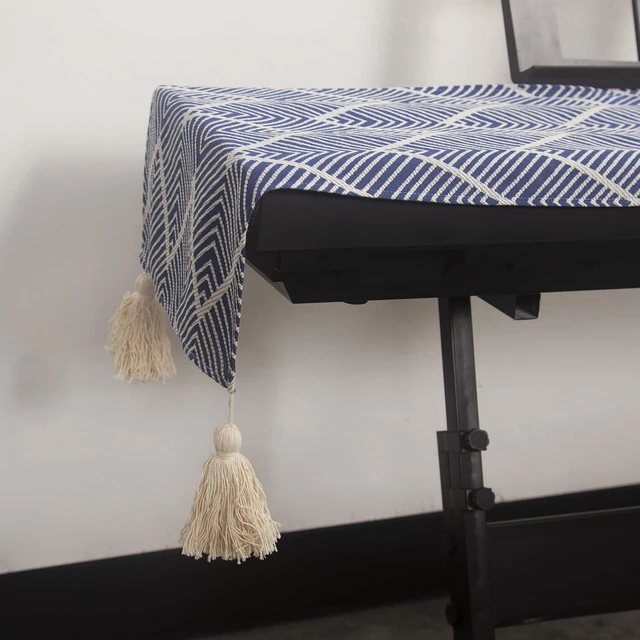 Alt view image 6 of 7 - Waterproof Keyboard Cover, Fits 61/76/88 Key Electronic Keyboards, Piano Cover with Tassels, Soft Thick Fabric, Dustproof, Universal Fit for Yamaha Casio Roland (Navy Blue And White)
