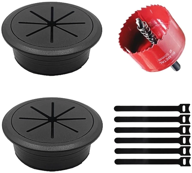 Main image of 2 Pack Desk Grommet 2 Inch (50 mm), Desk Hole Cover for Cables, Black Desk Cord Hole Cover for Office Home Table, Cable Grommet with 1 Hole Saw Drill Attachment & 6 Cable Ties