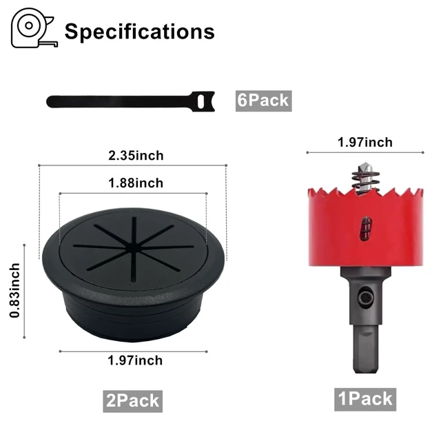 Alt view image 2 of 7 - 2 Pack Desk Grommet 2 Inch (50 mm), Desk Hole Cover for Cables, Black Desk Cord Hole Cover for Office Home Table, Cable Grommet with 1 Hole Saw Drill Attachment & 6 Cable Ties