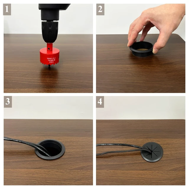 Alt view image 4 of 7 - 2 Pack Desk Grommet 2 Inch (50 mm), Desk Hole Cover for Cables, Black Desk Cord Hole Cover for Office Home Table, Cable Grommet with 1 Hole Saw Drill Attachment & 6 Cable Ties