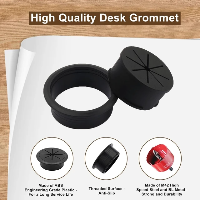 Alt view image 3 of 7 - 2 Pack Desk Grommet 2 Inch (50 mm), Desk Hole Cover for Cables, Black Desk Cord Hole Cover for Office Home Table, Cable Grommet with 1 Hole Saw Drill Attachment & 6 Cable Ties