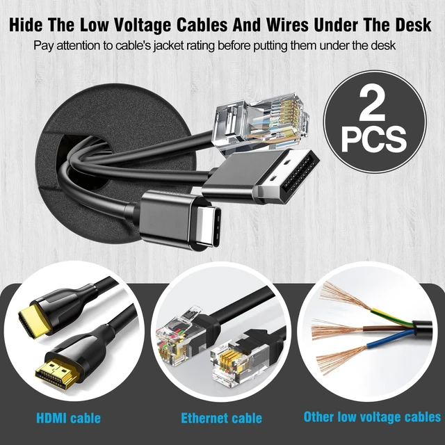 Alt view image 2 of 7 - 2" U-Shape Desk Grommet - Black, 2 Pieces | ABS Plastic Cable Grommet, Detachable Cable Hole Cover, Computer Table Cord, Wire Organizer Caps for Home & Office