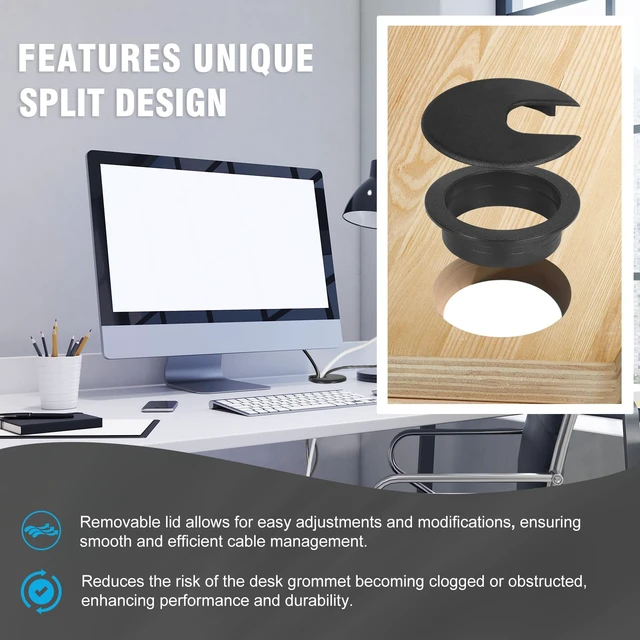 Alt view image 4 of 7 - 2" U-Shape Desk Grommet - Black, 2 Pieces | ABS Plastic Cable Grommet, Detachable Cable Hole Cover, Computer Table Cord, Wire Organizer Caps for Home & Office