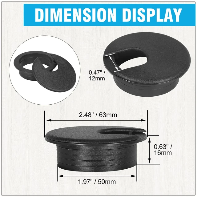 Alt view image 5 of 7 - 2" U-Shape Desk Grommet - Black, 2 Pieces | ABS Plastic Cable Grommet, Detachable Cable Hole Cover, Computer Table Cord, Wire Organizer Caps for Home & Office