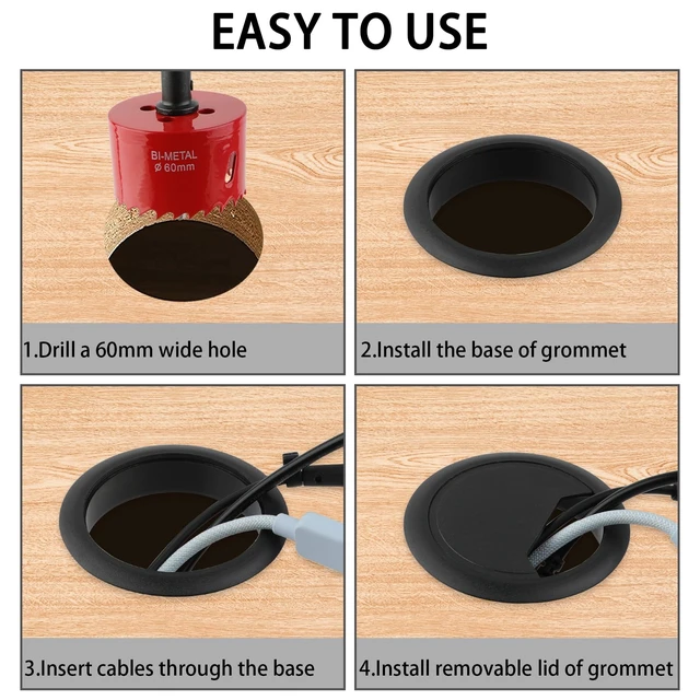 Alt view image 4 of 7 - 2-3/8 Inch(60mm) Desk Grommet,13 Pieces Wire Grommet, Desk Hole Cover for Cables with Hole Saw,Plastic Cable Cord Wire Hole Cover for Desk, Table,Cabinet,Countertop and Other Furniture(Black)