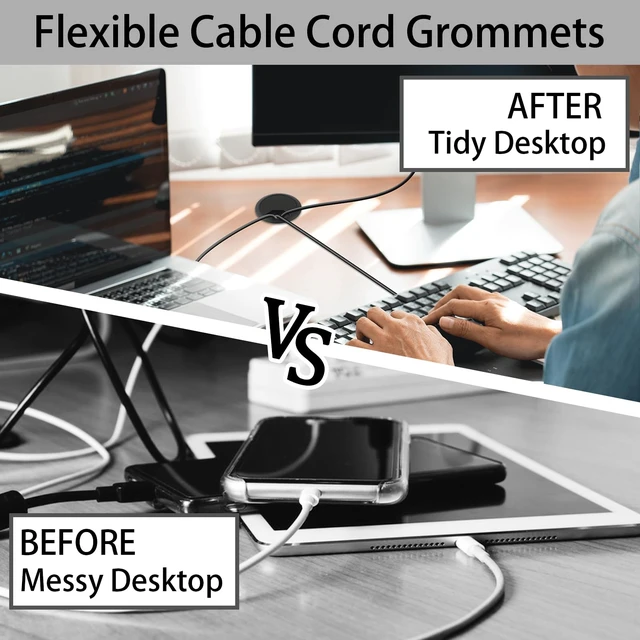 Alt view image 6 of 7 - 2-3/8 Inch(60mm) Desk Grommet,13 Pieces Wire Grommet, Desk Hole Cover for Cables with Hole Saw,Plastic Cable Cord Wire Hole Cover for Desk, Table,Cabinet,Countertop and Other Furniture(Black)