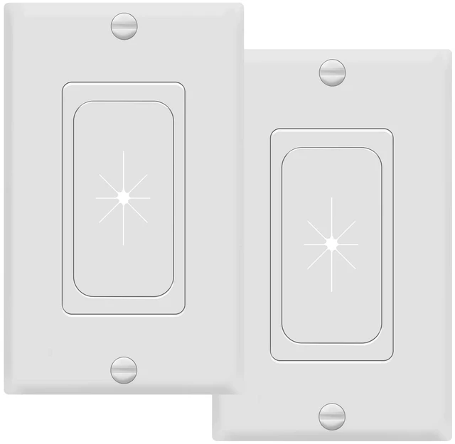 Main image of 1-Gang Flexible Rubber Cable Pass-Through Wall Plate, 2-Pack | Standard 4.50" x 2.75" white decorator cover. Rubber grommet insert for low-voltage cables, wall-mount TVs and home theaters.