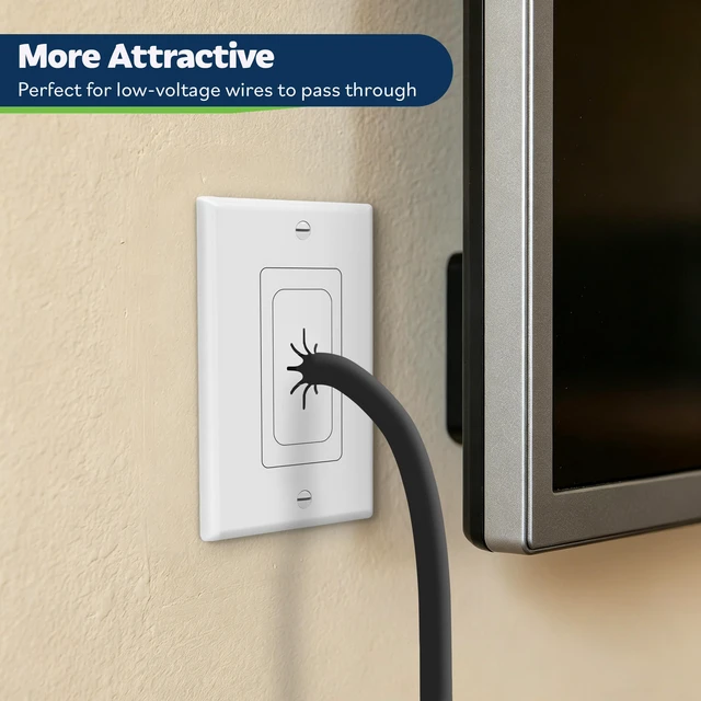 Alt view image 3 of 7 - 1-Gang Flexible Rubber Cable Pass-Through Wall Plate, 2-Pack | Standard 4.50" x 2.75" white decorator cover. Rubber grommet insert for low-voltage cables, wall-mount TVs and home theaters.