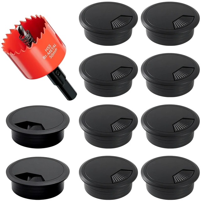 Main image of Desk Grommet & Cable Grommet 2 Inch (10 Pack) - Black Desk Hole Cover with Hole Saw - Cable Management Kit for Office, TV Stand, Workstation - Hide Wires Behind Wall, Cable Pass Through (50mm)