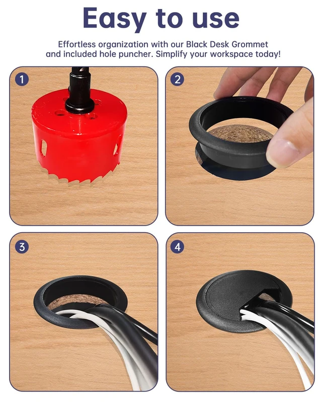 Alt view image 4 of 7 - Desk Grommet & Cable Grommet 2 Inch (10 Pack) - Black Desk Hole Cover with Hole Saw - Cable Management Kit for Office, TV Stand, Workstation - Hide Wires Behind Wall, Cable Pass Through (50mm)
