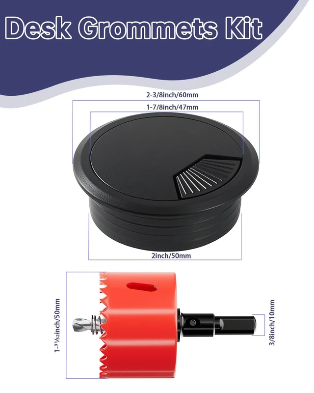 Alt view image 6 of 7 - Desk Grommet & Cable Grommet 2 Inch (10 Pack) - Black Desk Hole Cover with Hole Saw - Cable Management Kit for Office, TV Stand, Workstation - Hide Wires Behind Wall, Cable Pass Through (50mm)