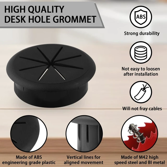 Alt view image 3 of 7 - 2 Inch(50mm) Desk Grommet,12 Pieces Wire Grommet, Desk Hole Cover for Cables with Hole Saw,Plastic Cable Cord Wire Hole Cover for Desk, Table,Cabinet,Countertop and Other Furniture(Black)