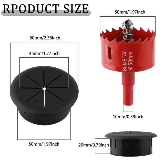 Alt view image 2 of 7 - 2 Inch(50mm) Desk Grommet,12 Pieces Wire Grommet, Desk Hole Cover for Cables with Hole Saw,Plastic Cable Cord Wire Hole Cover for Desk, Table,Cabinet,Countertop and Other Furniture(Black)