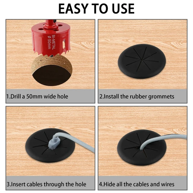 Alt view image 4 of 7 - 2 Inch(50mm) Desk Grommet,12 Pieces Wire Grommet, Desk Hole Cover for Cables with Hole Saw,Plastic Cable Cord Wire Hole Cover for Desk, Table,Cabinet,Countertop and Other Furniture(Black)
