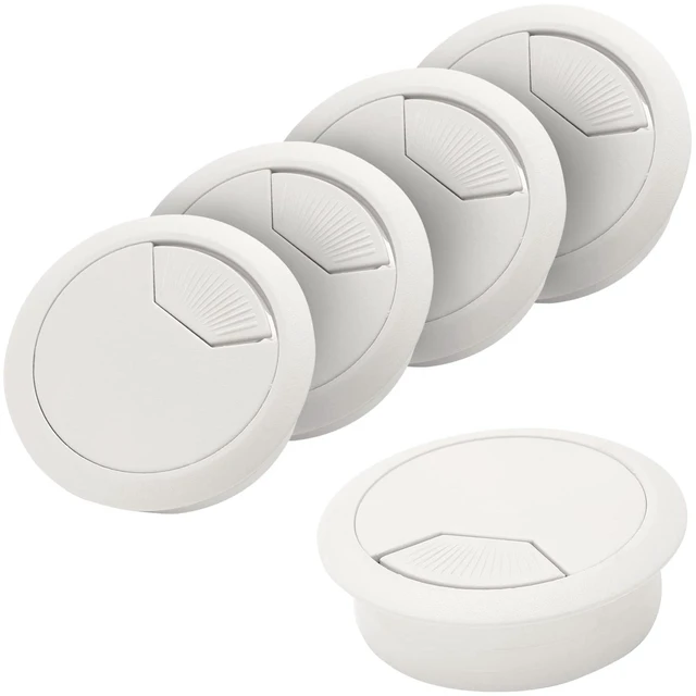 Main image of 5 Pack 2 Inch White Desk Grommet, Plastic Wire Cable Hole Cover | ABS Plastic Smooth Surface, Removable Lip for Multiple Wires, Fits 50mm Hole, Organize Desk Cables