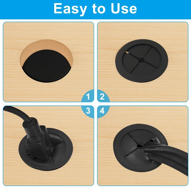 Alt view image 4 of 5 - 4 Pcs 1-3/4 Inch (45mm) Cable Grommet, Black | Flexible Rubber, Wire Hole Cover Pass Through, For Office Computer Desk, Cabinet & Furniture, Wire Organizer