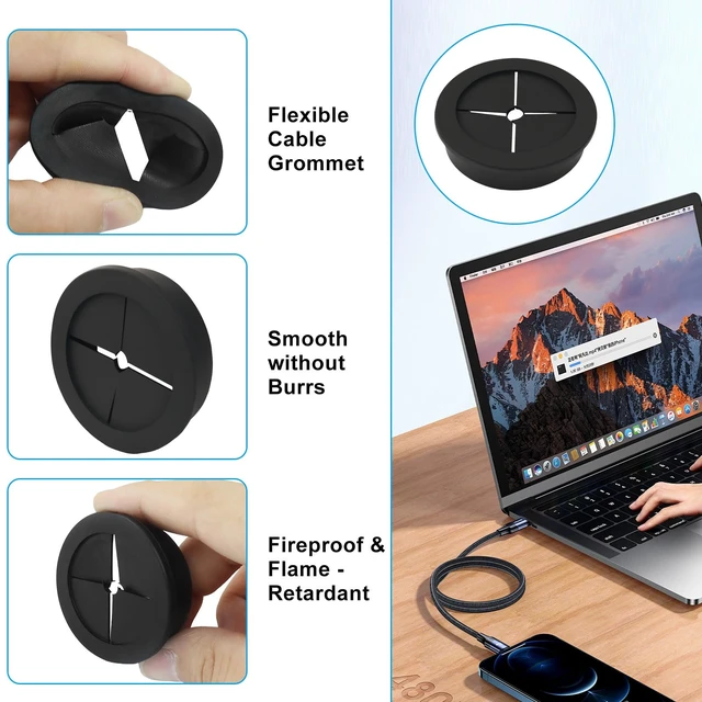 Alt view image 5 of 5 - 4 Pcs 1-3/4 Inch (45mm) Cable Grommet, Black | Flexible Rubber, Wire Hole Cover Pass Through, For Office Computer Desk, Cabinet & Furniture, Wire Organizer