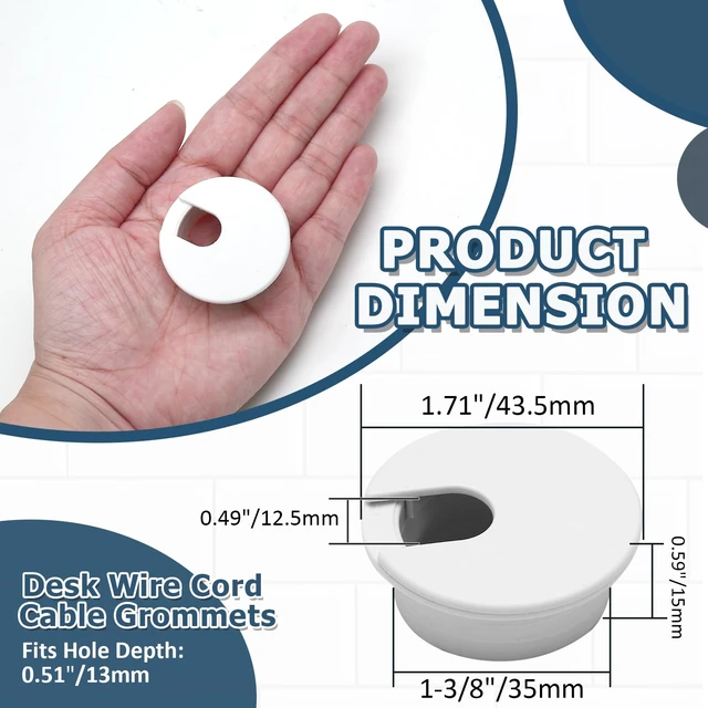 Alt view image 2 of 7 - 1-3/8 Inch Desk Grommet, White Cable Hole Cover, 5pcs | Plastic, for Wire Cord Organizing, Office Computer Desk