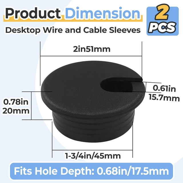 Alt view image 2 of 7 - 2 Pcs 3/4 Inch Desk Grommet, Black Plastic Cable Hole Cover for Wire Organizing, Computer Office Desk Cord Management Accessory, 0.75in Desk Hole Plug