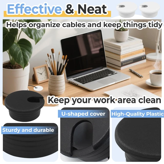 Alt view image 3 of 7 - 2 Pcs 3/4 Inch Desk Grommet, Black Plastic Cable Hole Cover for Wire Organizing, Computer Office Desk Cord Management Accessory, 0.75in Desk Hole Plug