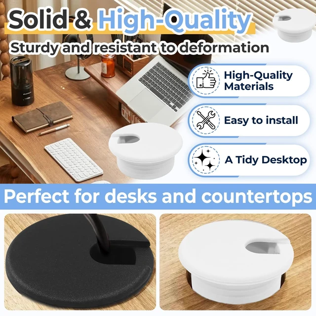 Alt view image 4 of 7 - 2 Pcs 3/4 Inch Desk Grommet, Black Plastic Cable Hole Cover for Wire Organizing, Computer Office Desk Cord Management Accessory, 0.75in Desk Hole Plug