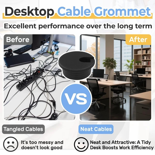 Alt view image 5 of 7 - 2 Pcs 3/4 Inch Desk Grommet, Black Plastic Cable Hole Cover for Wire Organizing, Computer Office Desk Cord Management Accessory, 0.75in Desk Hole Plug