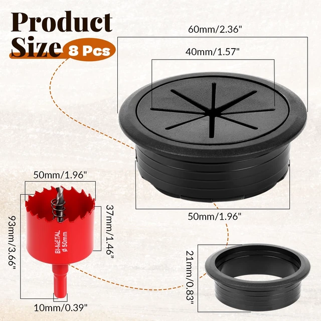 Alt view image 2 of 7 - 8 Pcs Black Desk Grommet, 2 Inch Desk Hole Cover for Cables, Grommet Cover with Hole Saw for Table Cables Wire Home Office